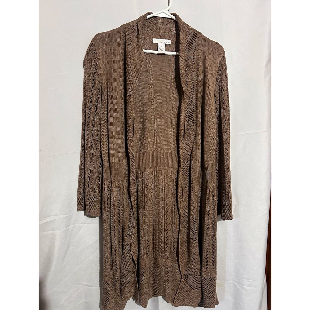 Lucy & Laurel Women's Brown Open-Knit Open Front Cardigan Sweater L